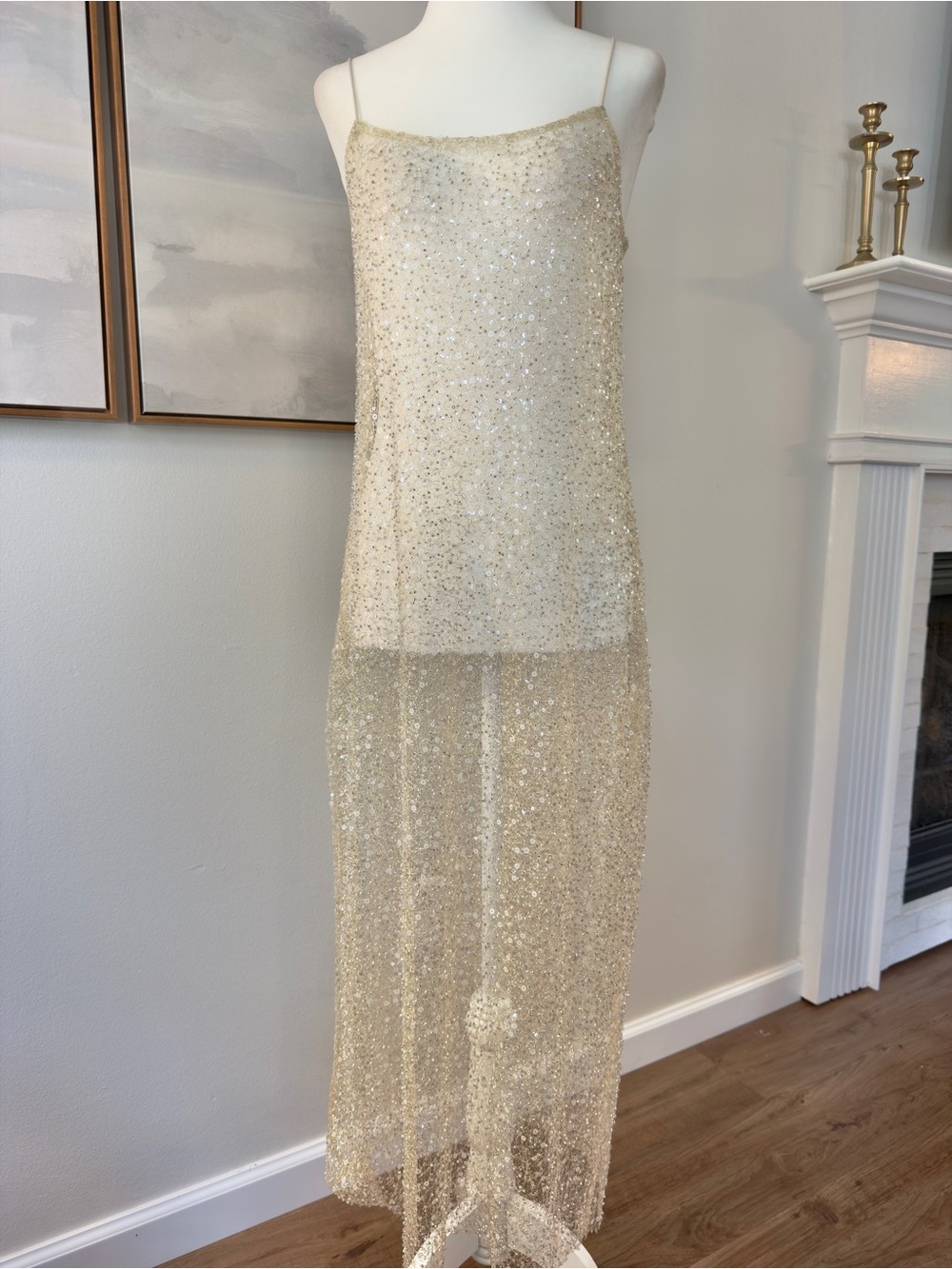 NWT Zara Gold Beaded Sequin Sheer Midi Dress / Swim Cover Up